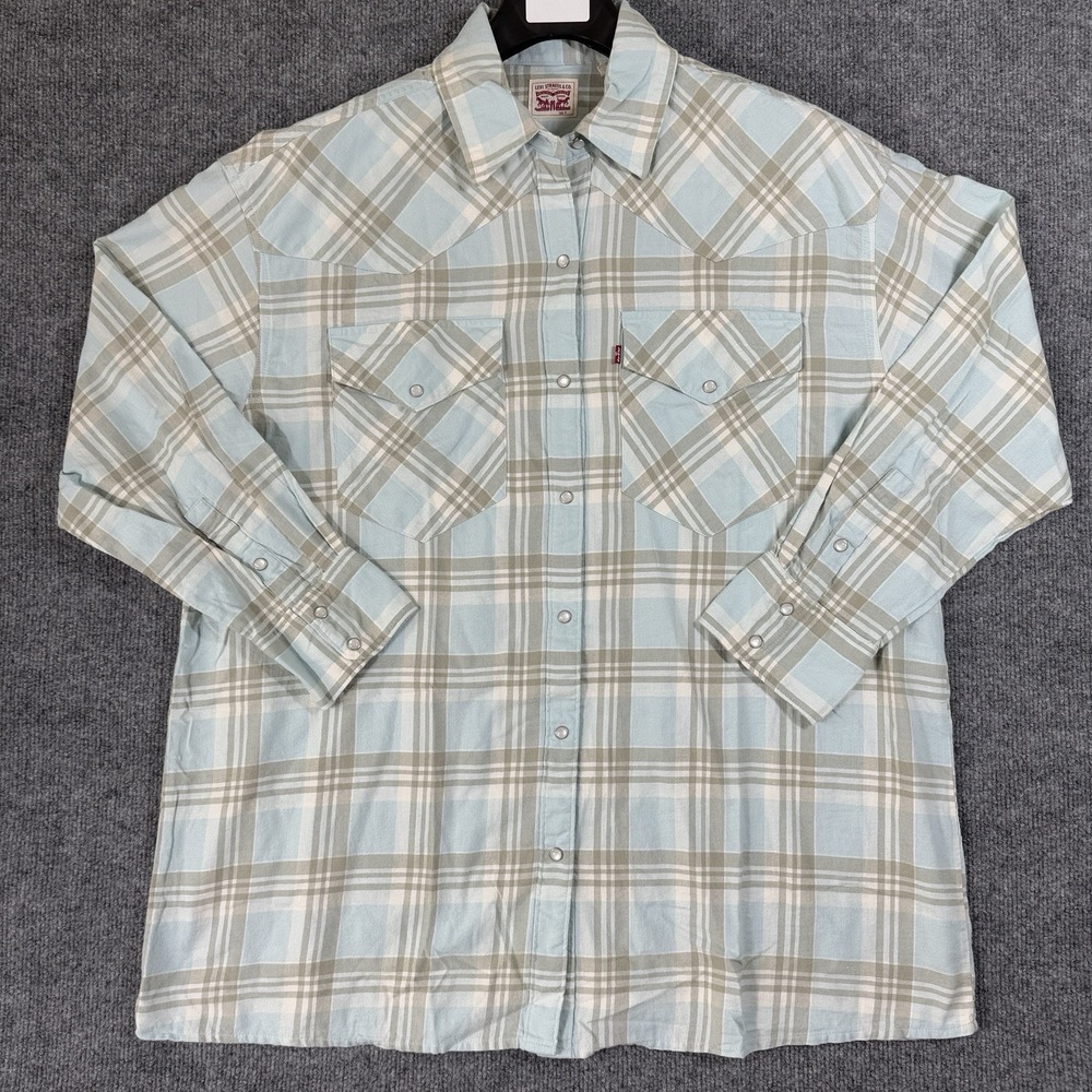 Levi's Womens Shirt Medium Plaid Blue Pearl Snap Flap Pockets Soft Touch Western